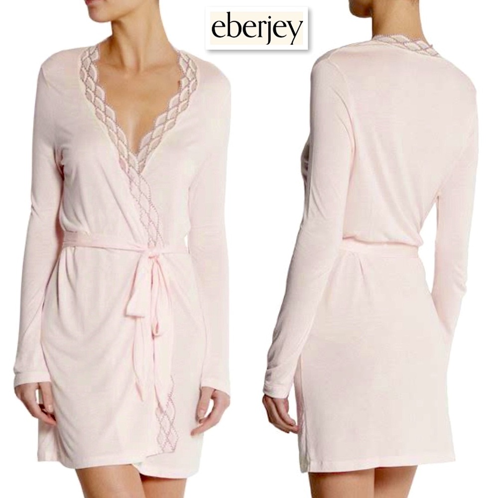 NWT EBERJEY Mabel Wrap Front Jersey Robe with Wide Lace Trim Pink Peach L Large - Picture 1 of 15